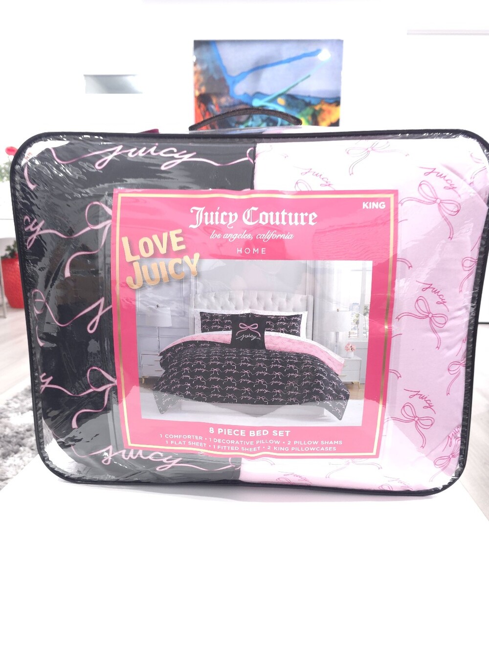 Juicy Couture KING Pink Bow 8 piece Reversible Comforter and Sheets set